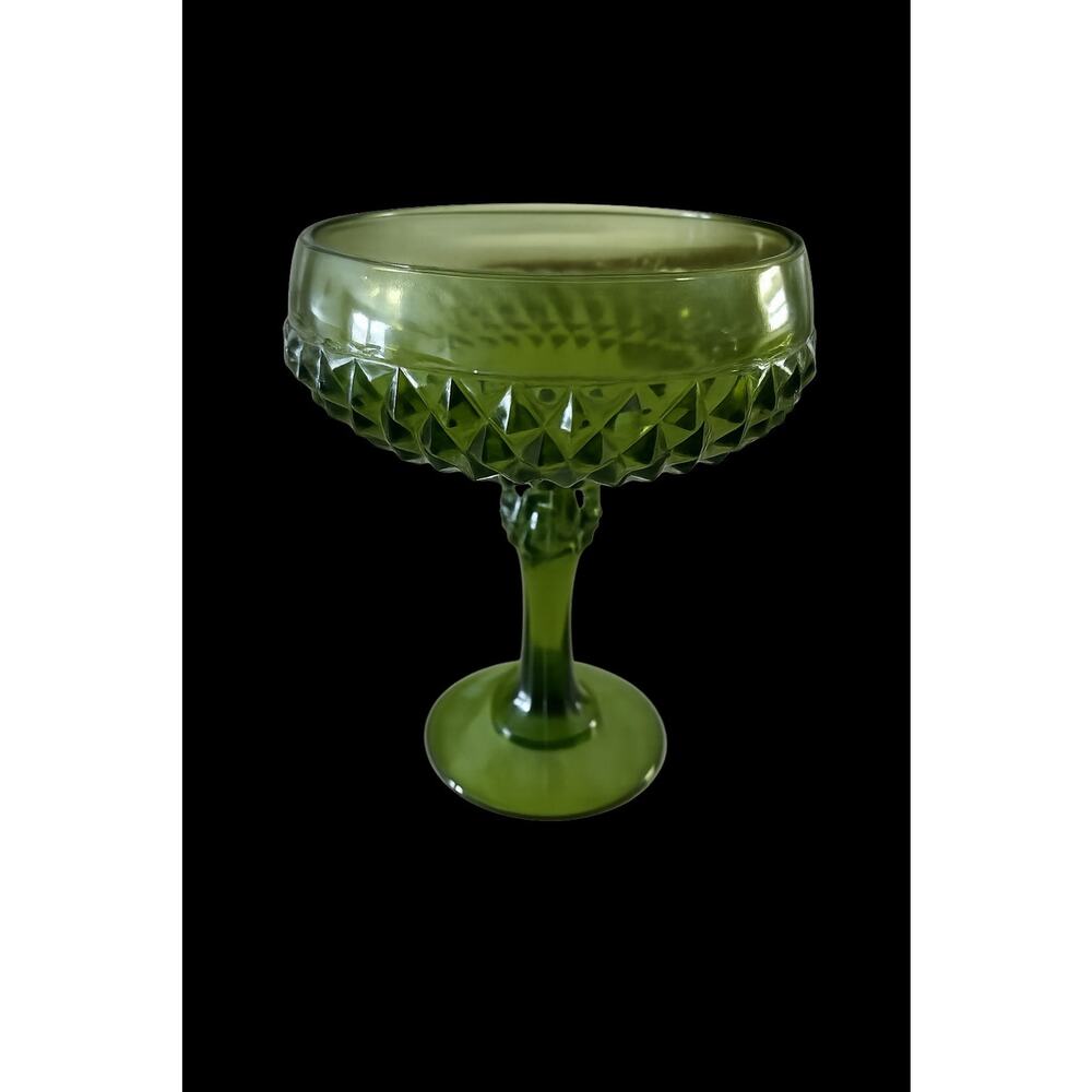 Vintage Olive Green Pressed Glass Compote Pedestal Bowl Diamond Pattern 7”